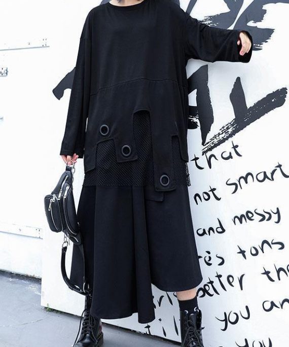 Modern black cotton clothes Women asymmetric patchwork tulle fall Dresses