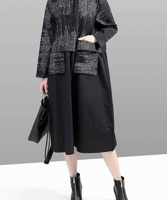 Modern false two pieces cotton patchwork quilting dresses Shirts gray prints Plus Size Dress