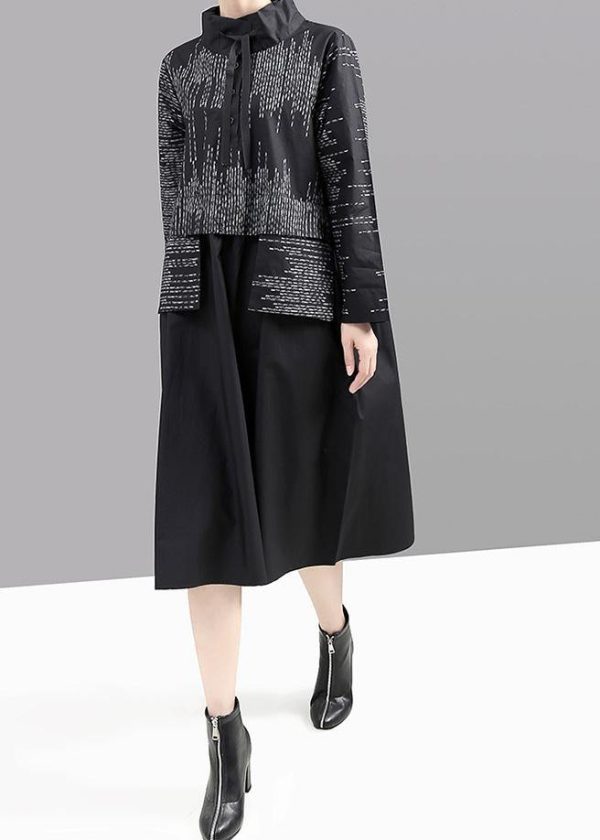 Modern false two pieces cotton patchwork quilting dresses Shirts gray prints Plus Size Dress - Image 3