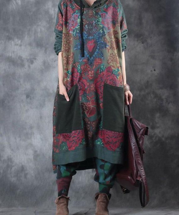 Modern Green Print Cotton Clothes Hooded Drawstring Art Dress