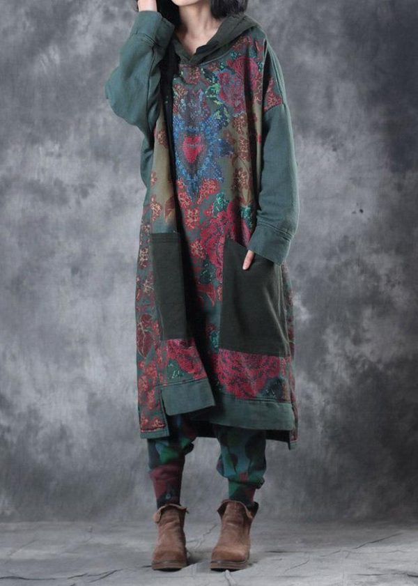 Modern Green Print Cotton Clothes Hooded Drawstring Art Dress - Image 3