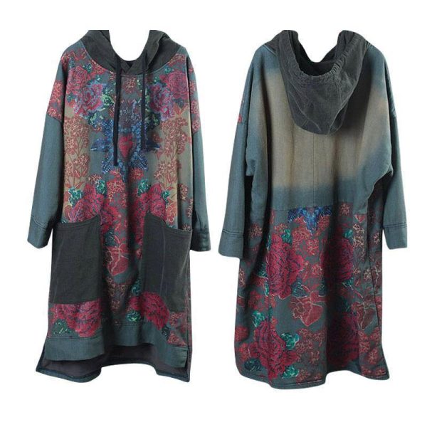 Modern Green Print Cotton Clothes Hooded Drawstring Art Dress - Image 8
