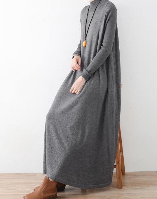 Modern high neck Batwing Sleeve falltunic dressWork gray robes Dress
