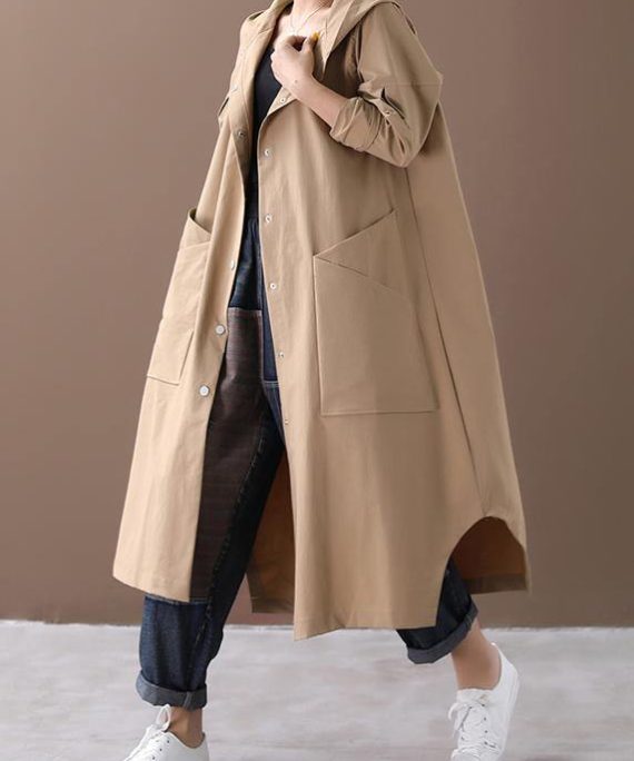 Modern hooded Large pockets fine clothes For Women khaki baggy coat