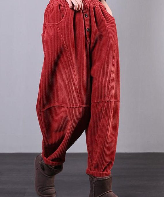 Modern Red Women Pants Oversize Fall Corduroy Pockets Cotton Casual Pants