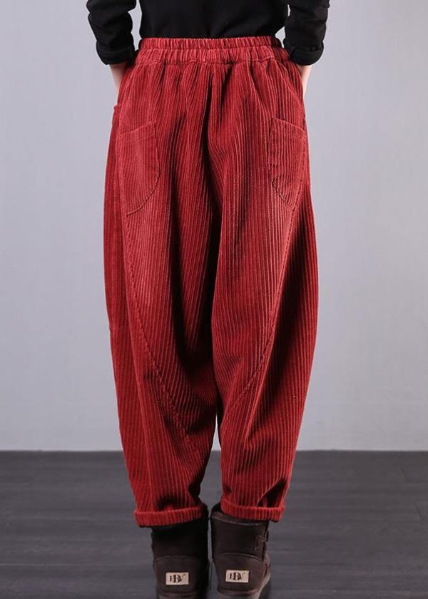Modern Red Women Pants Oversize Fall Corduroy Pockets Cotton Casual Pants - Image 4