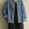 Modern stand collar pockets Plus Size Coats Women denim blue Knee jackets