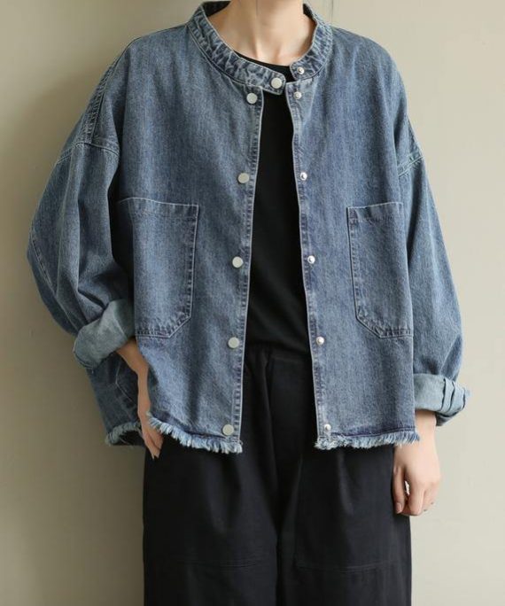 Modern stand collar pockets Plus Size Coats Women denim blue Knee jackets