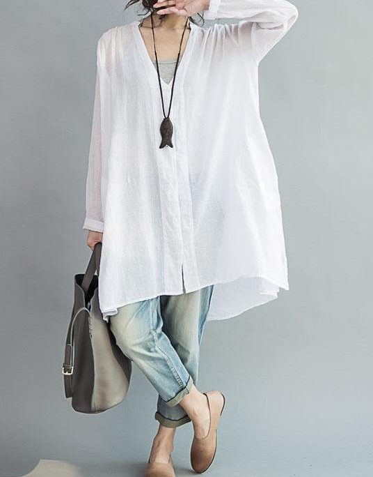 Modern white cotton clothes For Women v neck Art summer shirts