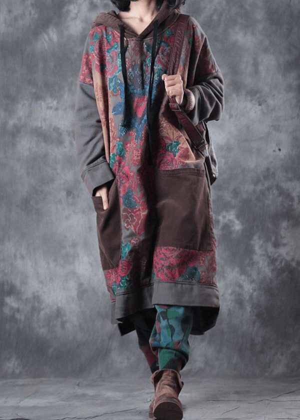 Modern Green Print Cotton Clothes Hooded Drawstring Art Dress - Image 6