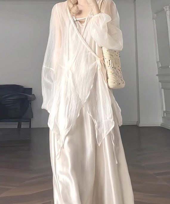 Natural Apricot V Neck Tie Waist Chiffon UPF 50+ Coat Lantern Sleeve