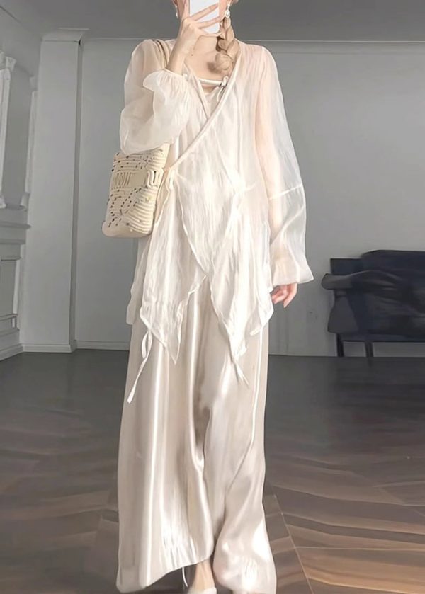 Natural Apricot V Neck Tie Waist Chiffon UPF 50+ Coat Lantern Sleeve - Image 2