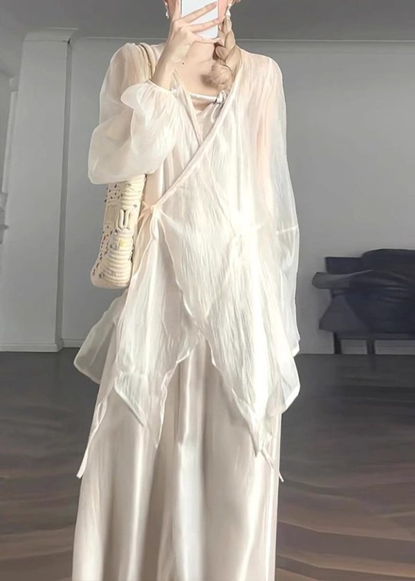 Natural Apricot V Neck Tie Waist Chiffon UPF 50+ Coat Lantern Sleeve - Image 3