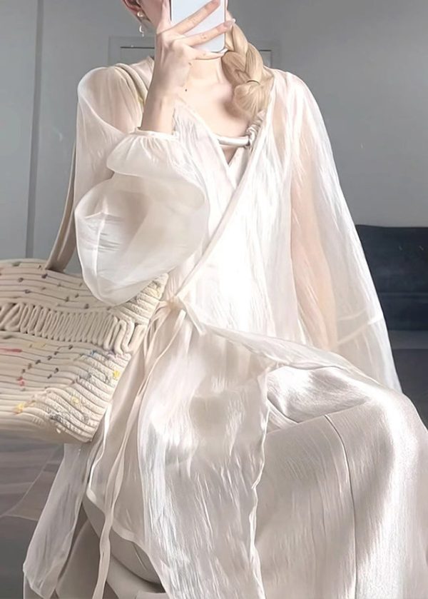 Natural Apricot V Neck Tie Waist Chiffon UPF 50+ Coat Lantern Sleeve - Image 5