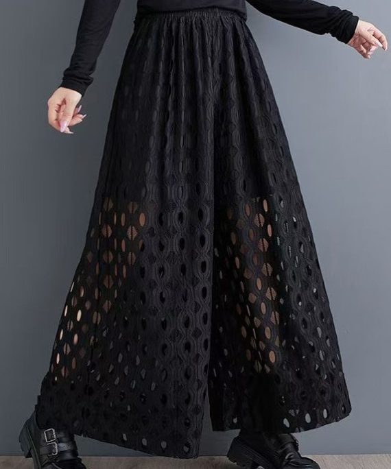 Natural Black Hollow Out Wide Leg Pants Trousers Summer