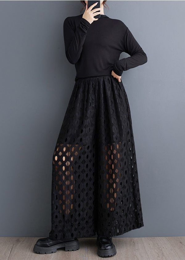 Natural Black Hollow Out Wide Leg Pants Trousers Summer - Image 4
