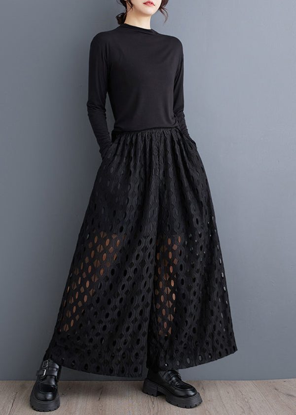 Natural Black Hollow Out Wide Leg Pants Trousers Summer - Image 5