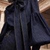 Natural Dark Blue Stand Collar Bow Patchwork Denim Shirt Spring