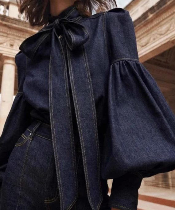 Natural Dark Blue Stand Collar Bow Patchwork Denim Shirt Spring