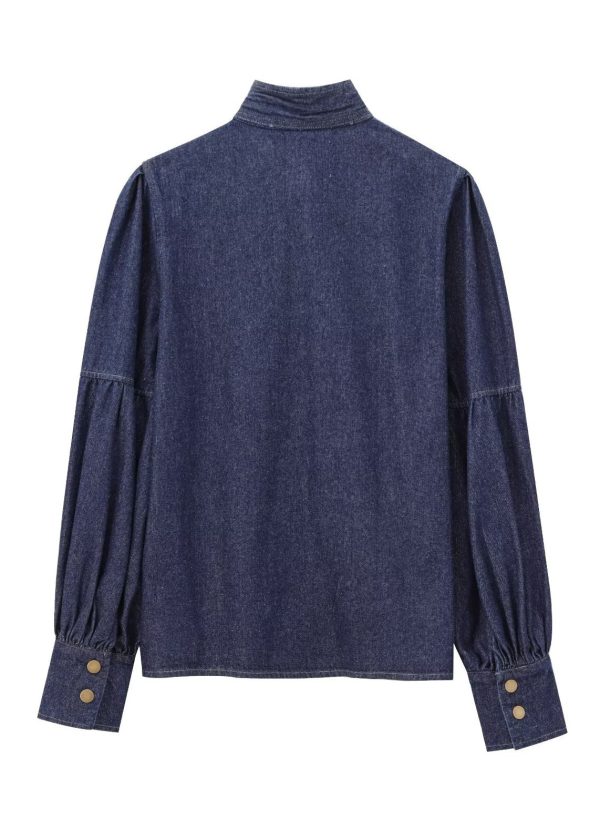 Natural Dark Blue Stand Collar Bow Patchwork Denim Shirt Spring - Image 3