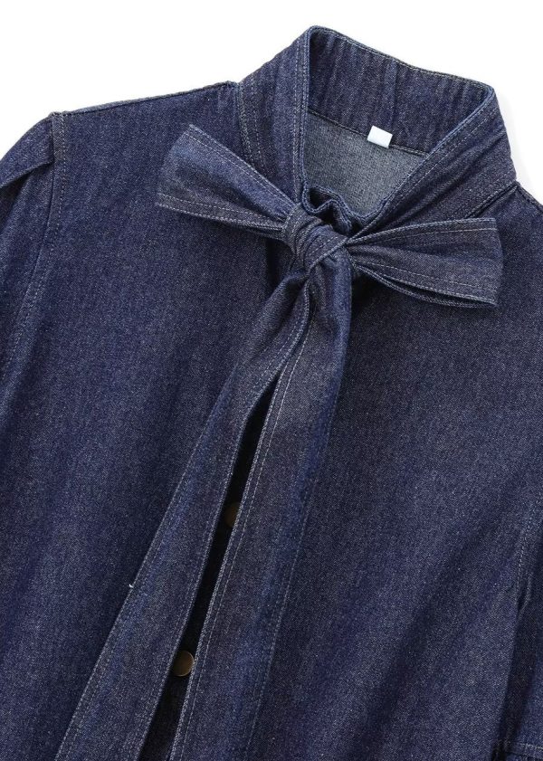 Natural Dark Blue Stand Collar Bow Patchwork Denim Shirt Spring - Image 4