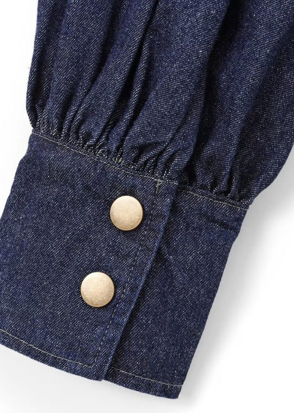 Natural Dark Blue Stand Collar Bow Patchwork Denim Shirt Spring - Image 5