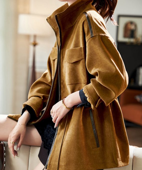 Natural Khaki Drawstring Zippered Coats Spring