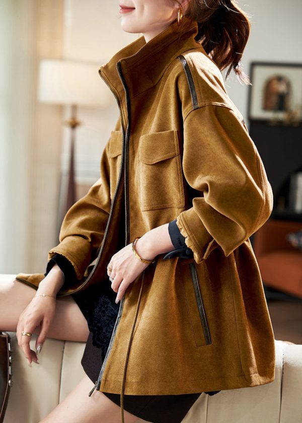 Natural Khaki Drawstring Zippered Coats Spring