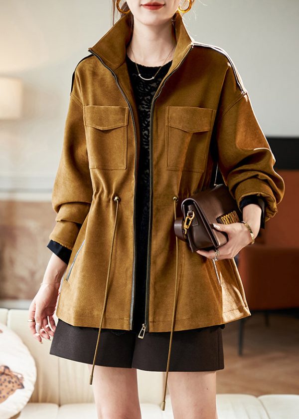 Natural Khaki Drawstring Zippered Coats Spring - Image 2