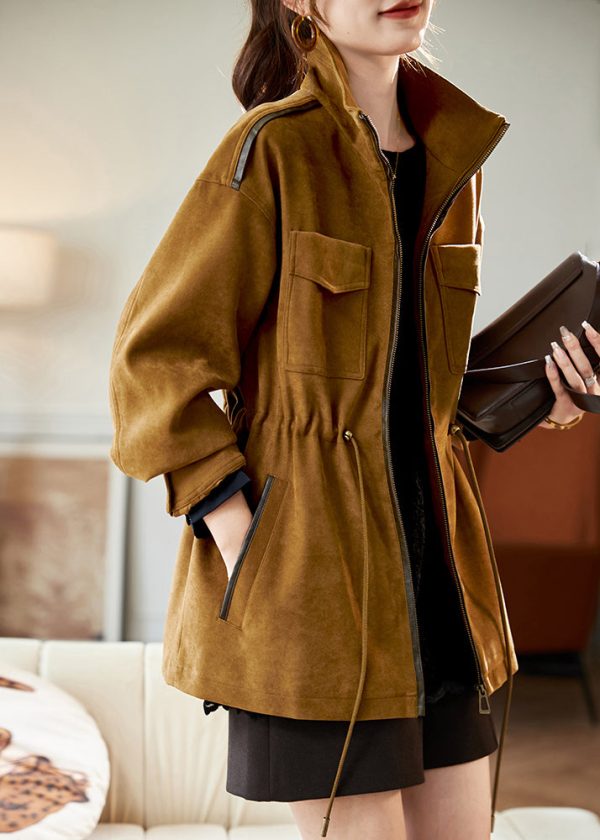 Natural Khaki Drawstring Zippered Coats Spring - Image 3