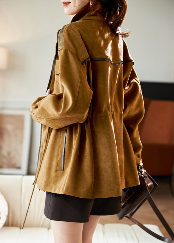 Natural Khaki Drawstring Zippered Coats Spring - Image 4