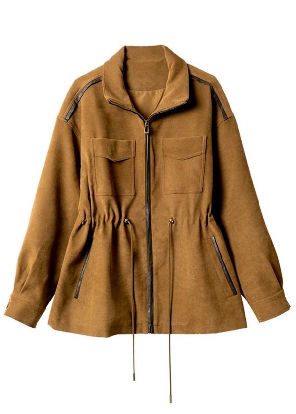 Natural Khaki Drawstring Zippered Coats Spring - Image 5
