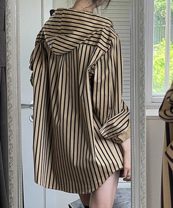 Natural Khaki Striped Button Hooded Shirts Spring
