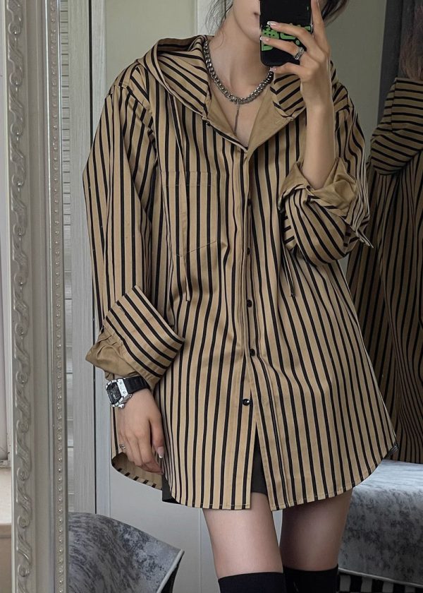 Natural Khaki Striped Button Hooded Shirts Spring - Image 2