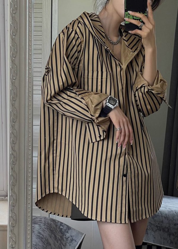 Natural Khaki Striped Button Hooded Shirts Spring - Image 5