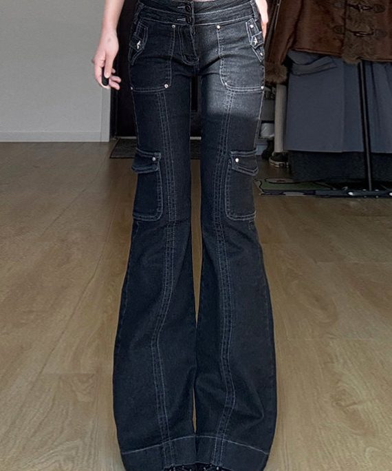 Natural Navy Patchwork Nail Bead High Waist Denim Flared Trousers