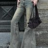 Natural Patchwork Pockets Denim Flared Trousers Spring