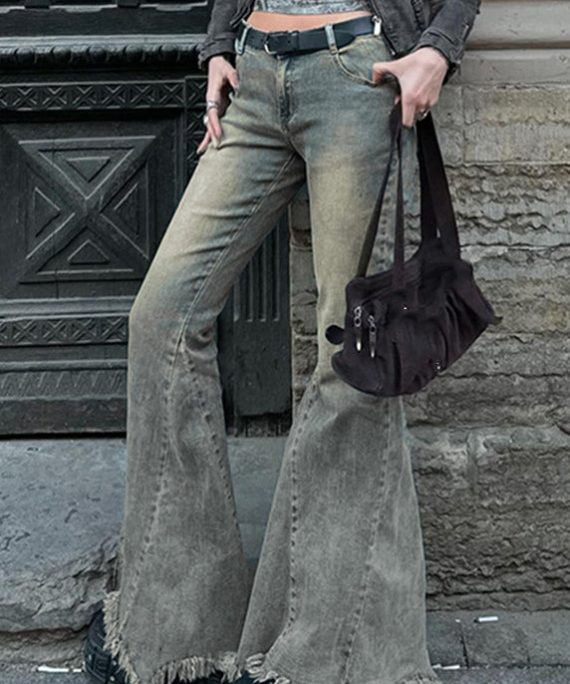 Natural Patchwork Pockets Denim Flared Trousers Spring