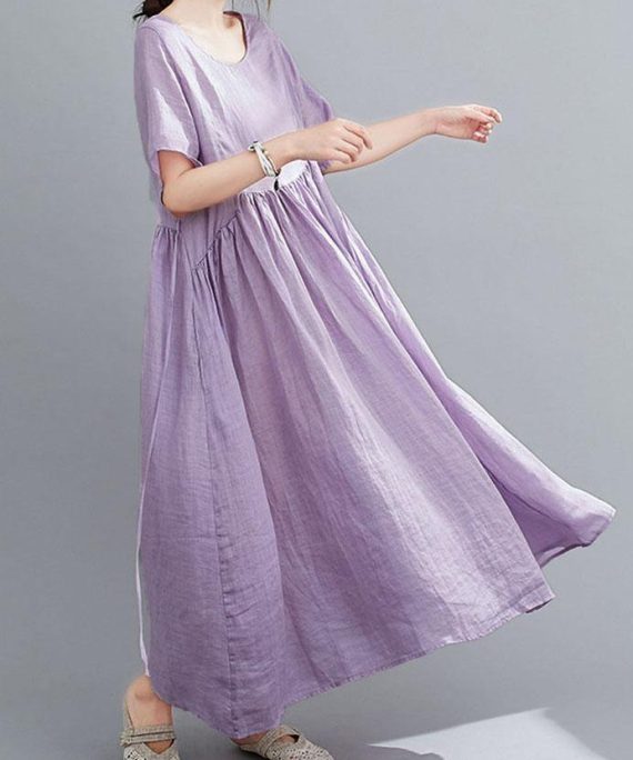 Natural Purple Pockets Short Sleeve Robe Cotton Linen Dresses