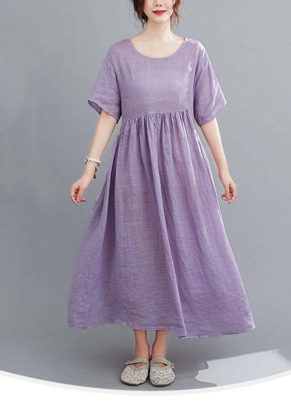 Natural Purple Pockets Short Sleeve Robe Cotton Linen Dresses - Image 3