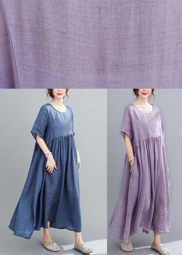 Natural Purple Pockets Short Sleeve Robe Cotton Linen Dresses - Image 5