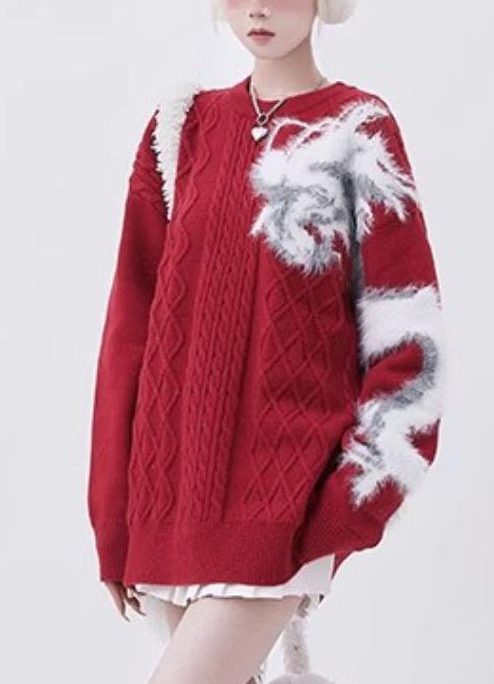 Natural Red Oversized Warm Knit Short Sweater Spring