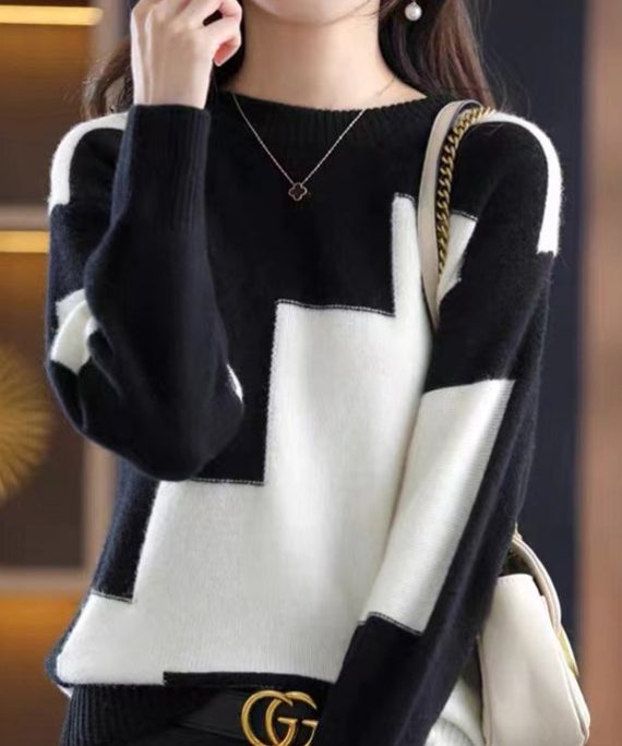 Natural White O-Neck Patchwork Thick Cashmere Knit Sweater Fall