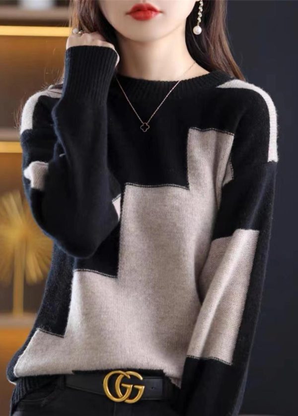 Natural White O-Neck Patchwork Thick Cashmere Knit Sweater Fall - Image 2