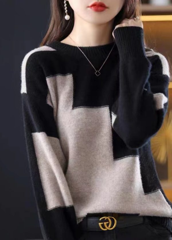 Natural White O-Neck Patchwork Thick Cashmere Knit Sweater Fall - Image 4