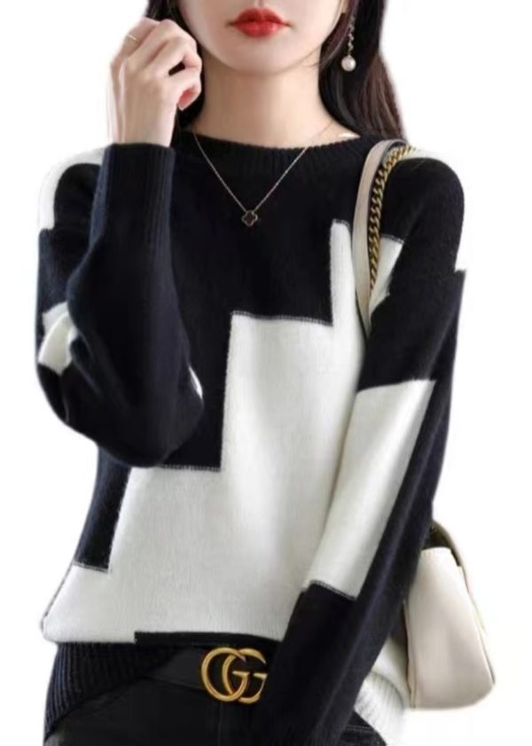 Natural White O-Neck Patchwork Thick Cashmere Knit Sweater Fall - Image 5