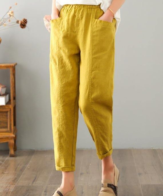 Natural Yellow Pockets Cotton Linen Pants Summer