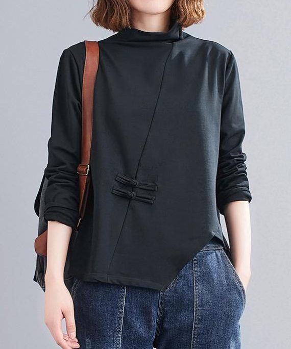 Natural black Blouse high neck Chinese Button Knee tops