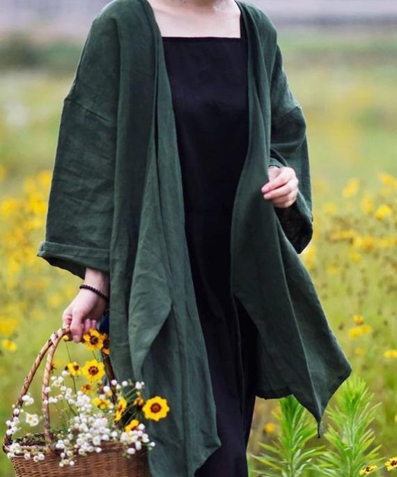 Natural linen top silhouette plus size Casual Pure Color Lacing Long Sleeve Coat