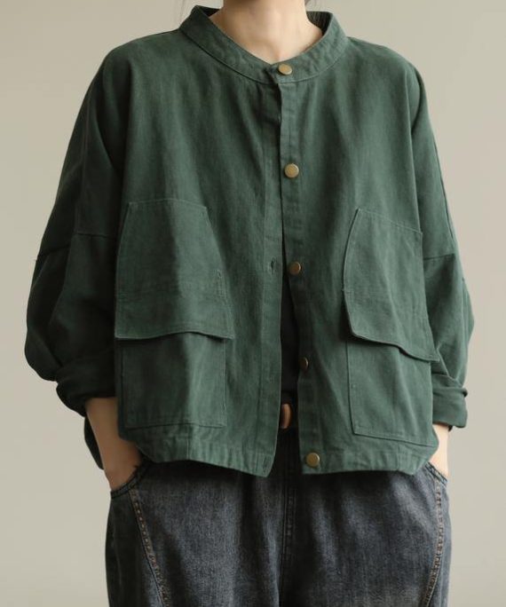Natural stand collar Button Down Fine tunic coat green box jackets